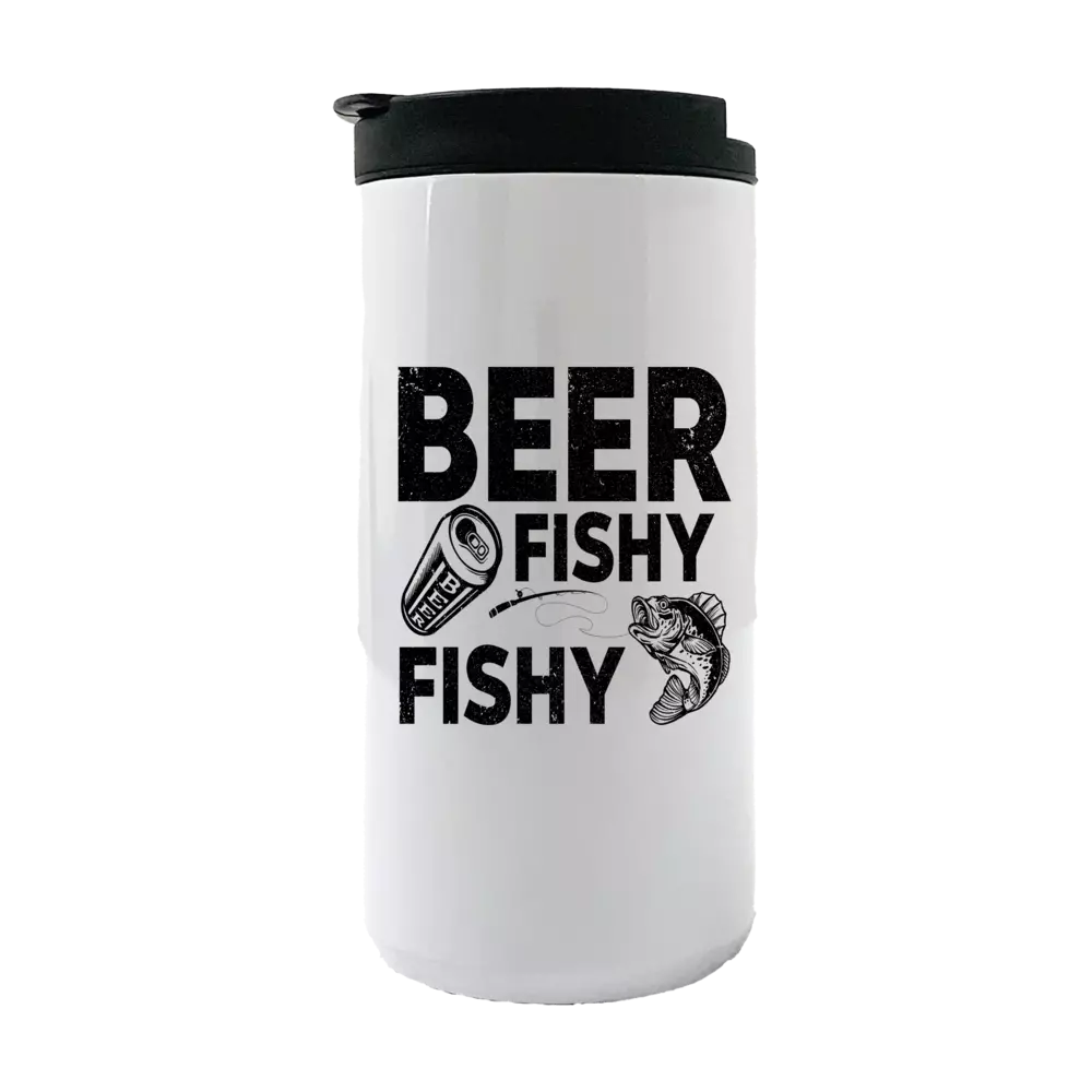 Beer Fishy Fishy 14oz Insulated Coffee Tumbler in stainless steel with vibrant UV printed design.