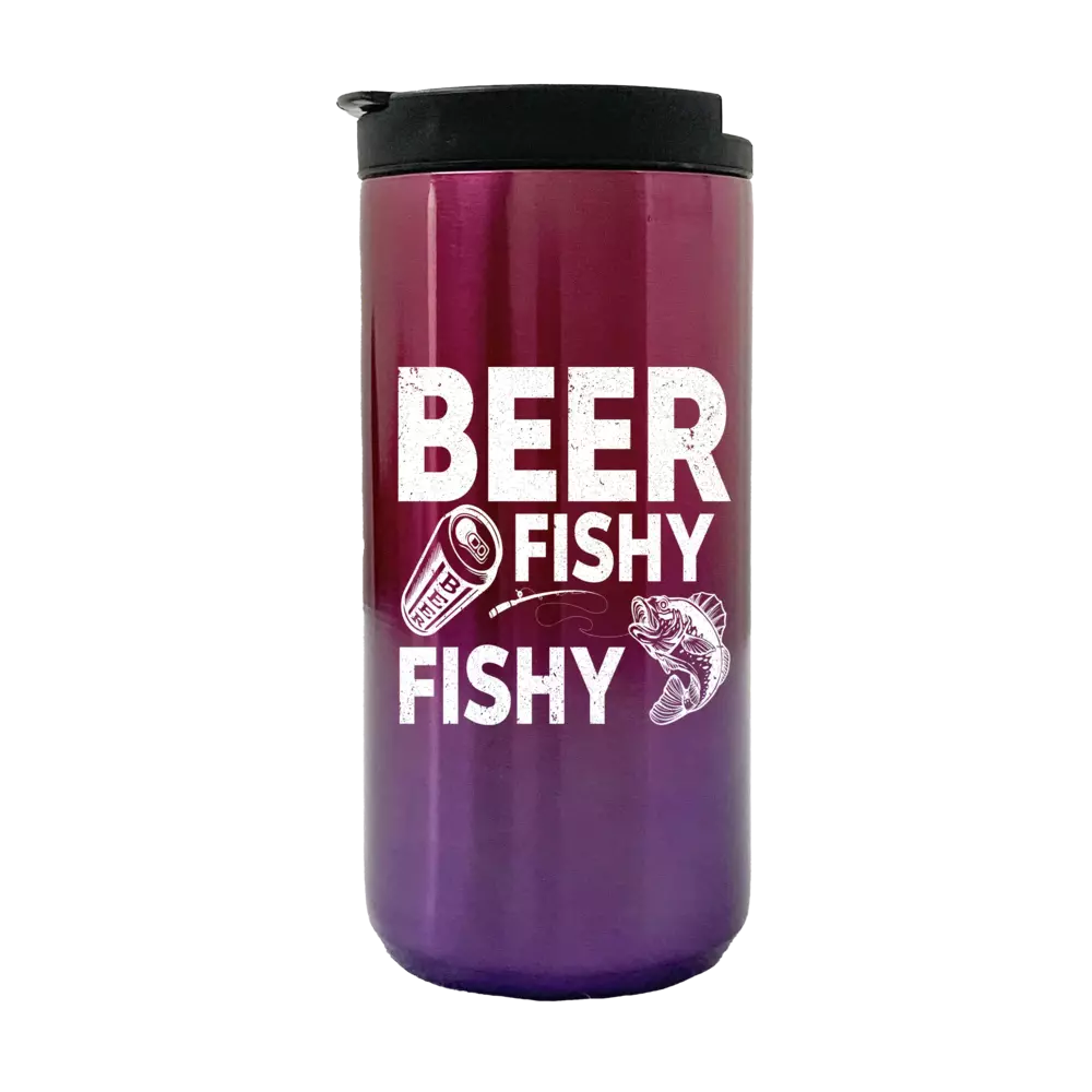 Beer Fishy Fishy 14oz Insulated Coffee Tumbler in stainless steel with vibrant UV printed design.