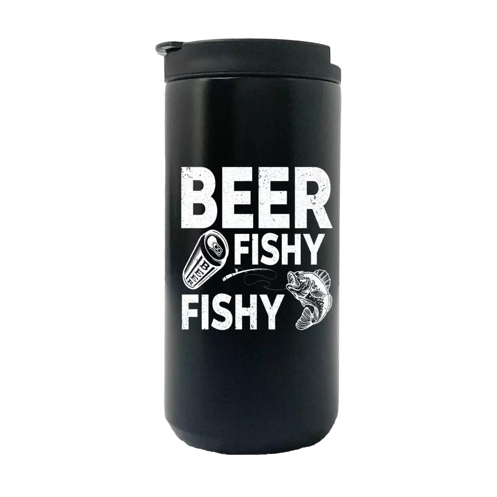 Beer Fishy Fishy 14oz Insulated Coffee Tumbler in stainless steel with vibrant UV printed design.