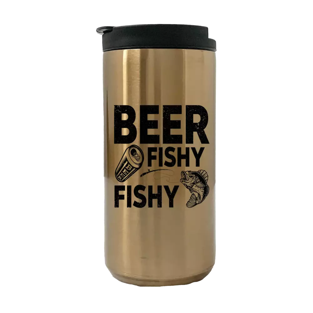 Beer Fishy Fishy 14oz Insulated Coffee Tumbler in stainless steel with vibrant UV printed design.