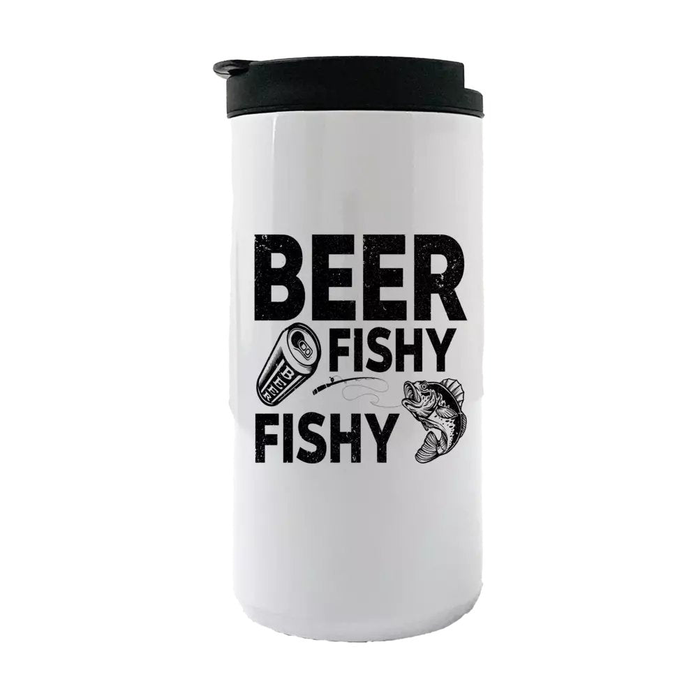 Beer Fishy Fishy 14oz Insulated Coffee Tumbler in stainless steel with vibrant UV printed design.