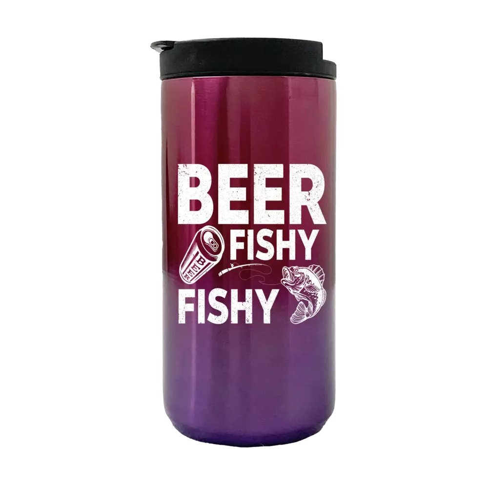 Beer Fishy Fishy 14oz Insulated Coffee Tumbler in stainless steel with vibrant UV printed design.