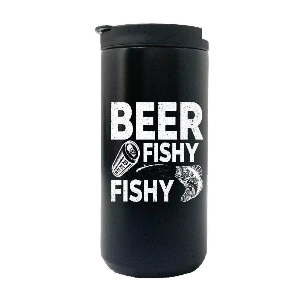 Beer Fishy Fishy 14oz Insulated Coffee Tumbler in stainless steel with vibrant UV printed design.