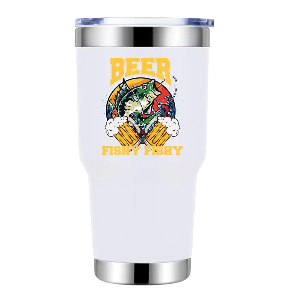 Beer Fishy Fishy 2 30oz insulated tumbler with a splash-proof lid, showcasing vibrant UV-printed designs.