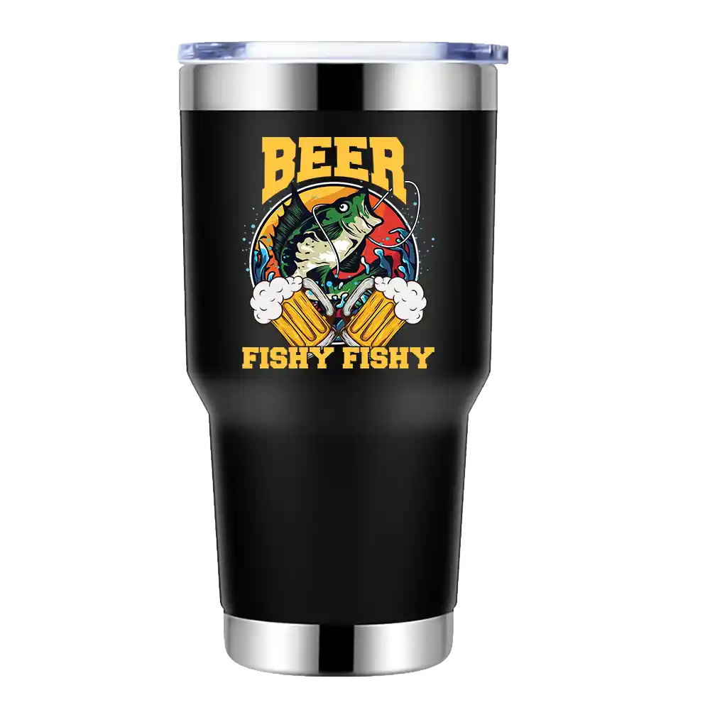 Beer Fishy Fishy 2 30oz insulated tumbler with a splash-proof lid, showcasing vibrant UV-printed designs.