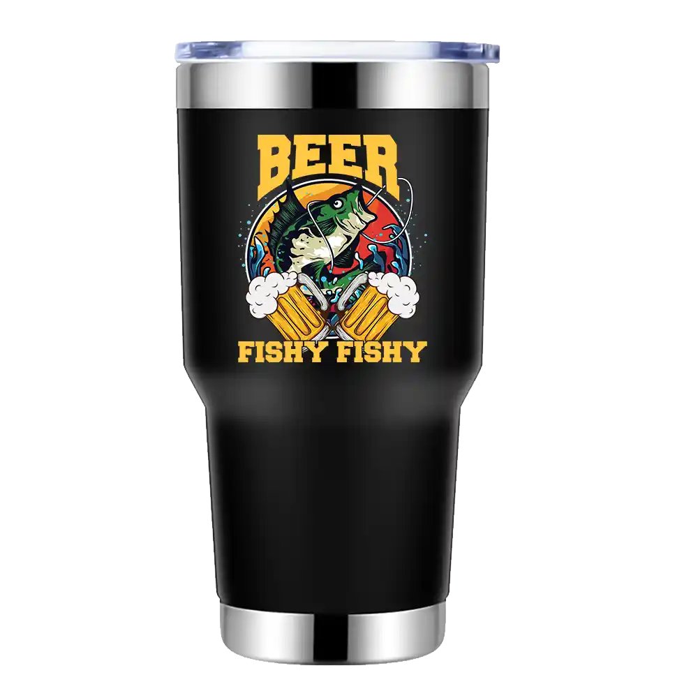 Beer Fishy Fishy 2 30oz insulated tumbler with a splash-proof lid, showcasing vibrant UV-printed designs.