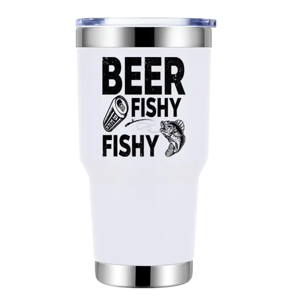 Beer Fishy Fishy 30oz insulated tumbler with a vibrant design, showcasing its stainless steel construction and splash-proof lid.