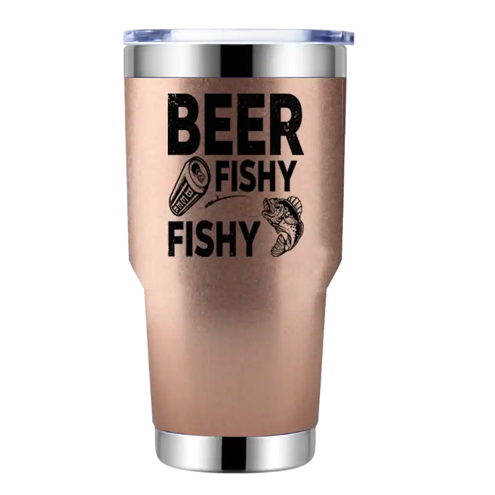 Beer Fishy Fishy 30oz insulated tumbler with a vibrant design, showcasing its stainless steel construction and splash-proof lid.