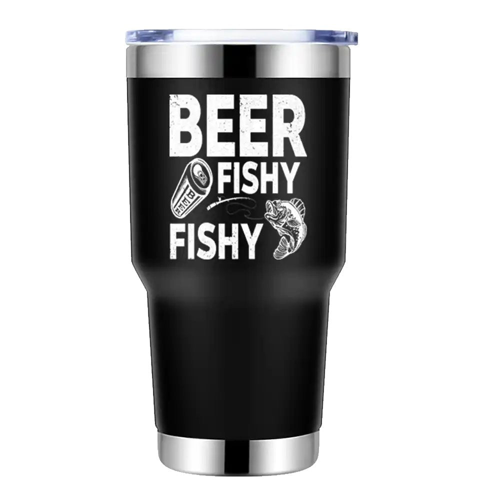 Beer Fishy Fishy 30oz insulated tumbler with a vibrant design, showcasing its stainless steel construction and splash-proof lid.