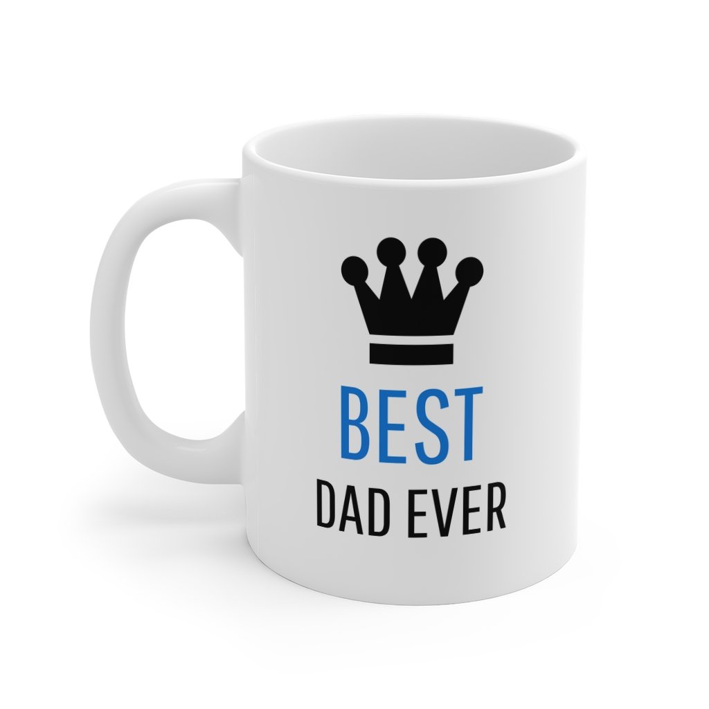 A white ceramic coffee mug with the phrase 'Best Dad' and a crown design, perfect for hot beverages.