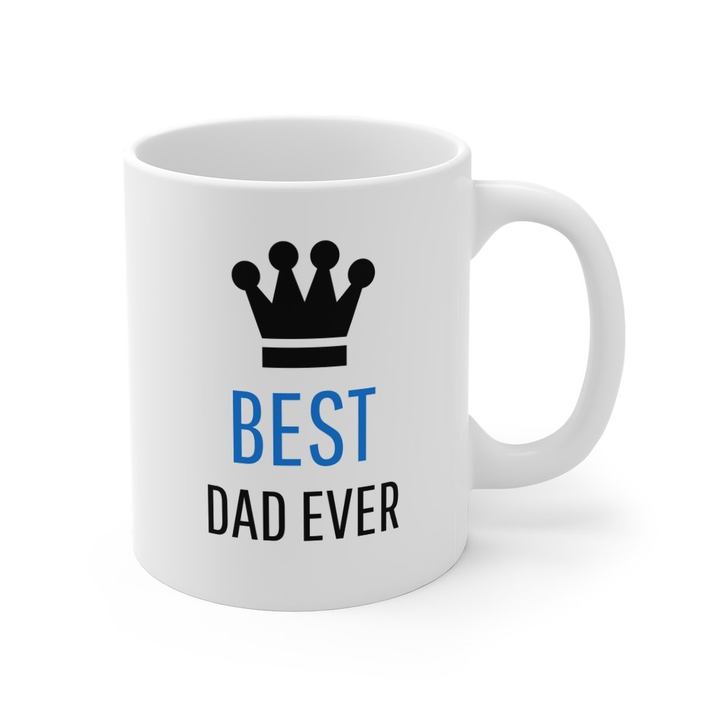 A white ceramic coffee mug with the phrase 'Best Dad' and a crown design, perfect for hot beverages.