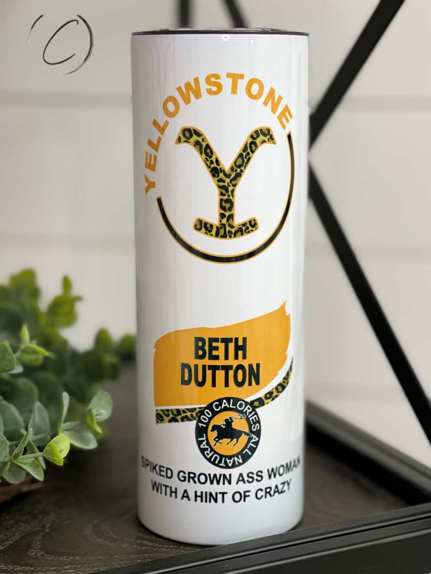 Beth Dutton Claw 20oz Skinny Tumbler featuring a unique design, reusable straw, and durable construction.