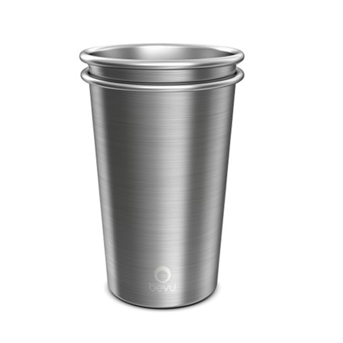 Two Bevu® FIESTA Steel Cups in silver, showcasing their sleek design and lightweight construction, perfect for parties and outdoor activities.