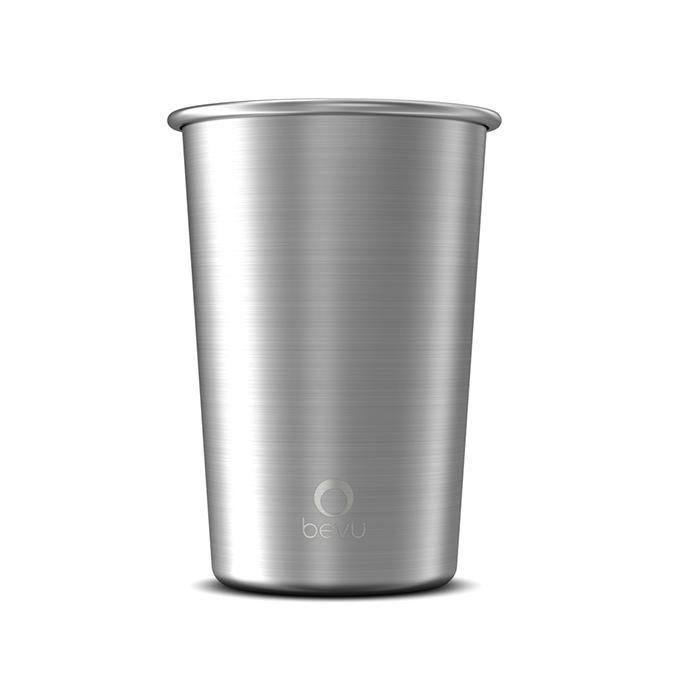 Two Bevu® FIESTA Steel Cups in silver, showcasing their sleek design and lightweight construction, perfect for parties and outdoor activities.