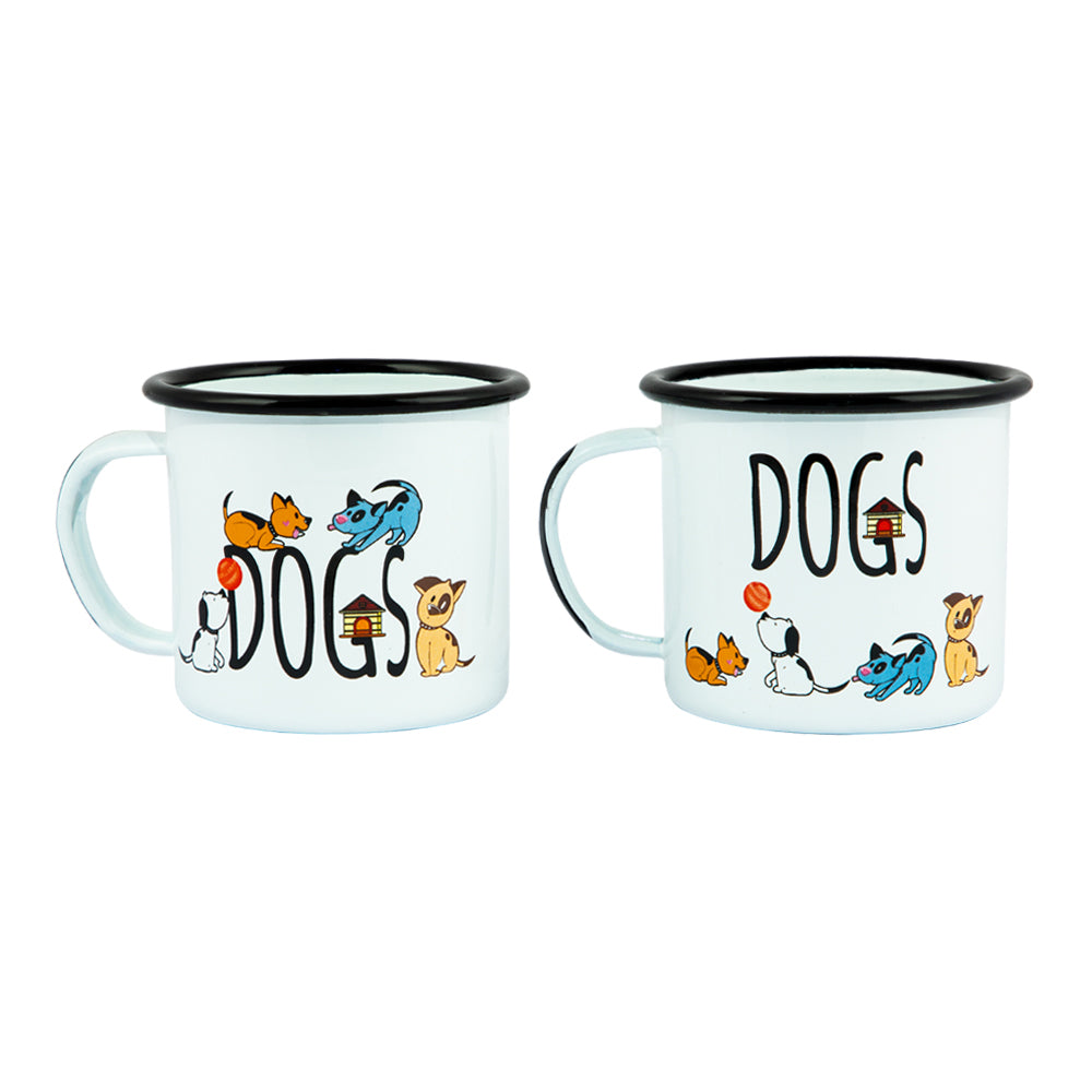 Biggdesign Dogs Emaille Mug Set mit bunten Designs, ideal für Katzenliebhaber, zeigt zwei Tassen aus emailliertem Stahl.