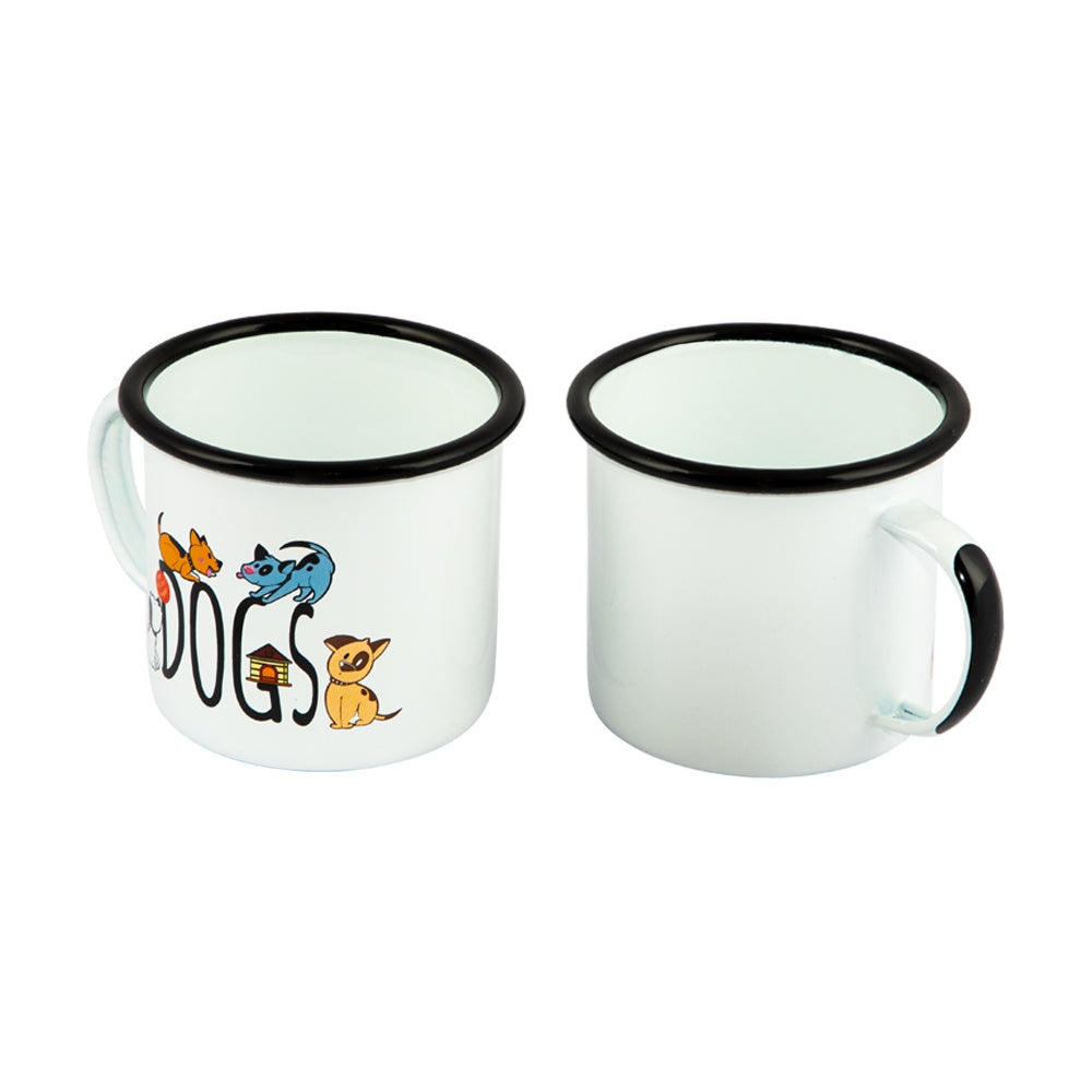 Biggdesign Dogs Emaille Mug Set mit bunten Designs, ideal für Katzenliebhaber, zeigt zwei Tassen aus emailliertem Stahl.