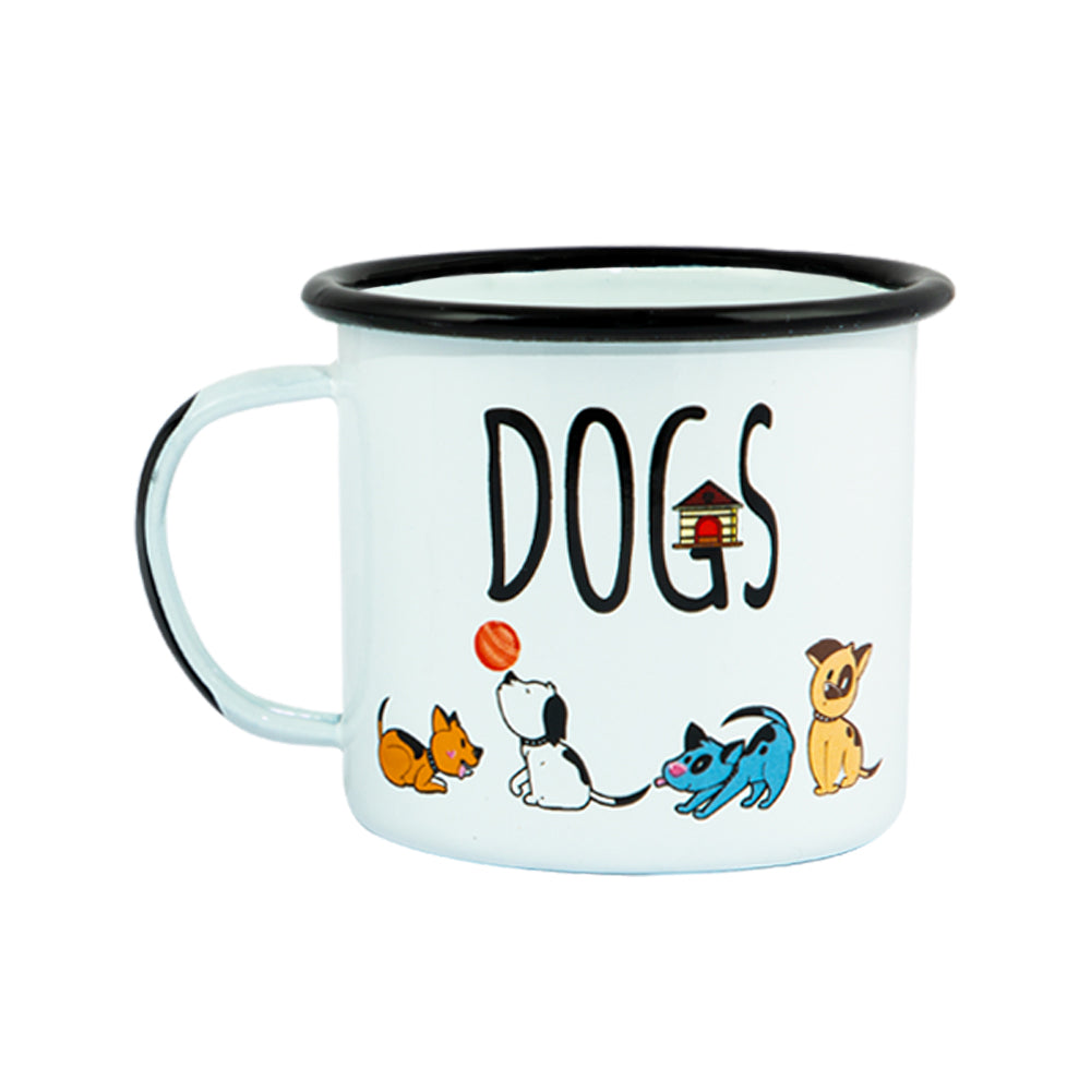 Biggdesign Dogs Emaille Mug Set mit bunten Designs, ideal für Katzenliebhaber, zeigt zwei Tassen aus emailliertem Stahl.