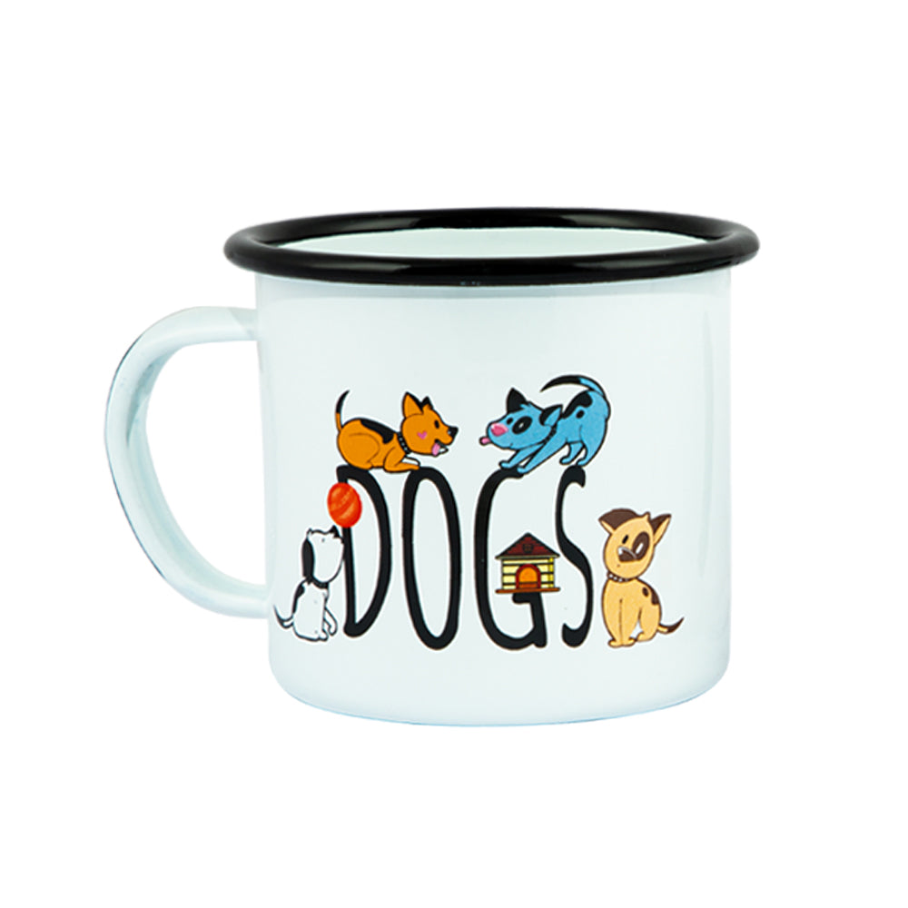 Biggdesign Dogs Emaille Mug Set mit bunten Designs, ideal für Katzenliebhaber, zeigt zwei Tassen aus emailliertem Stahl.