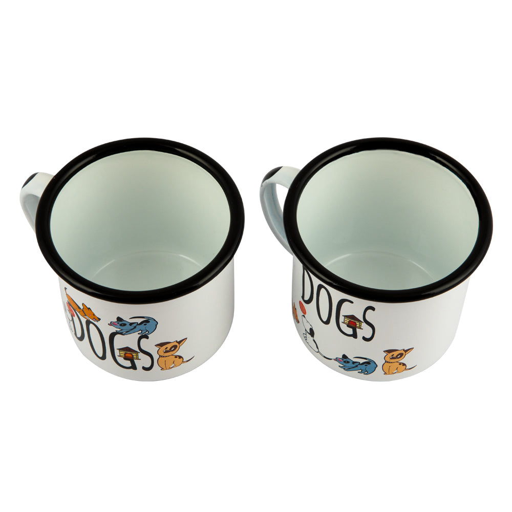 Biggdesign Dogs Emaille Mug Set mit bunten Designs, ideal für Katzenliebhaber, zeigt zwei Tassen aus emailliertem Stahl.