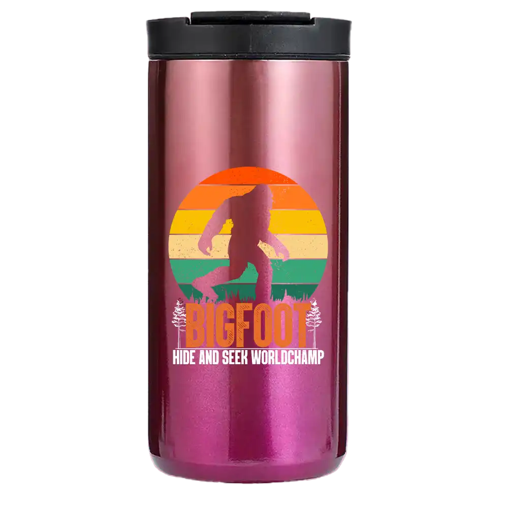 Bigfoot Hide And Seek 14oz Insulated Coffee Tumbler in stainless steel with vibrant UV printed design.