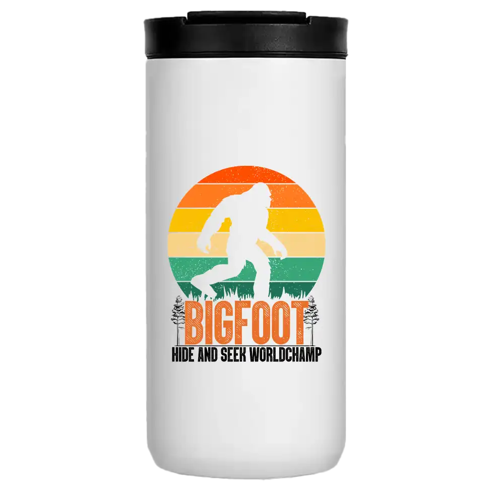 Bigfoot Hide And Seek 14oz Insulated Coffee Tumbler in stainless steel with vibrant UV printed design.