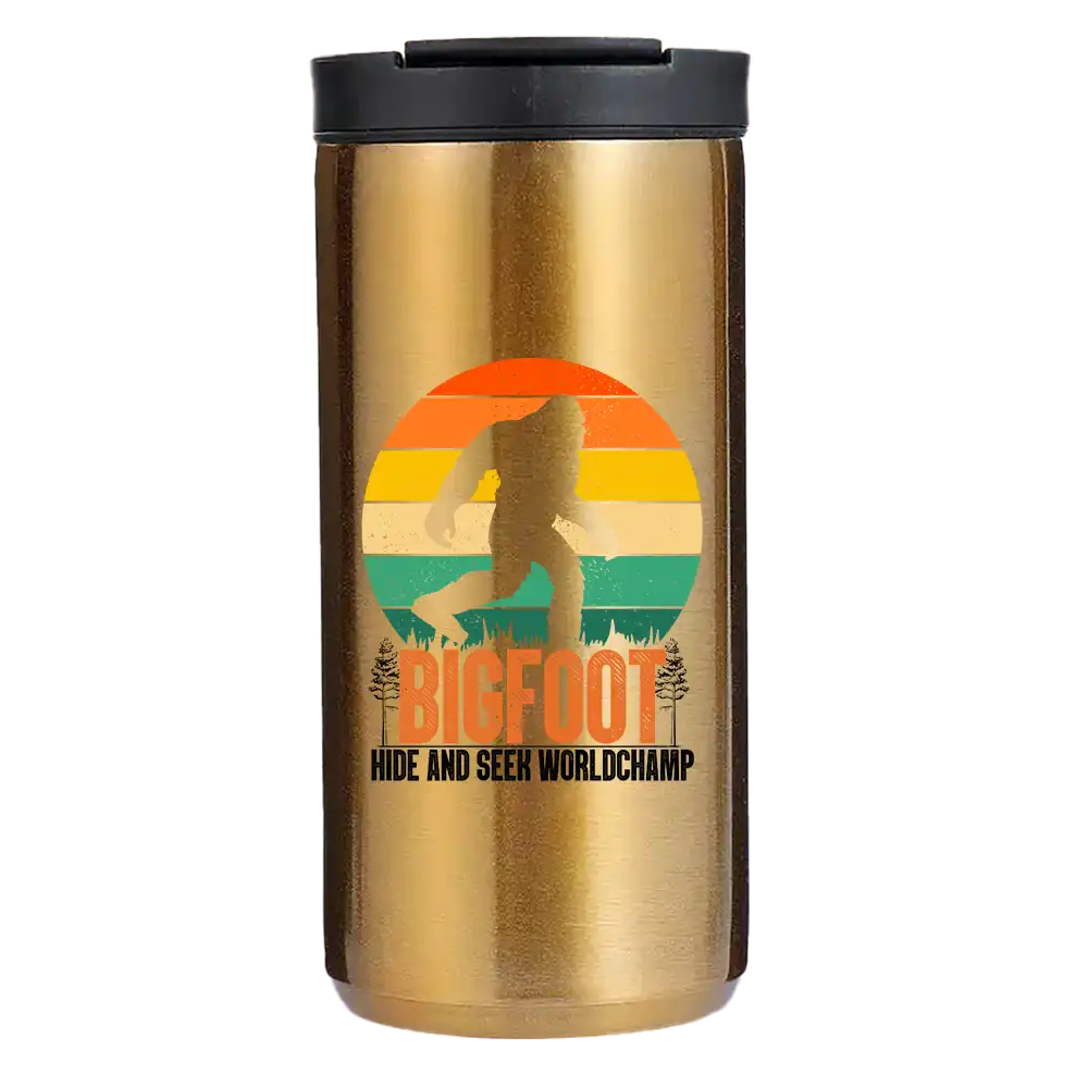 Bigfoot Hide And Seek 14oz Insulated Coffee Tumbler in stainless steel with vibrant UV printed design.