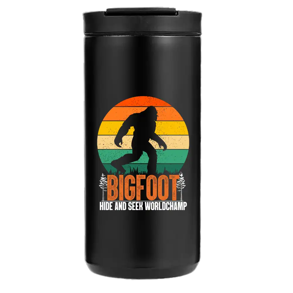 Bigfoot Hide And Seek 14oz Insulated Coffee Tumbler in stainless steel with vibrant UV printed design.