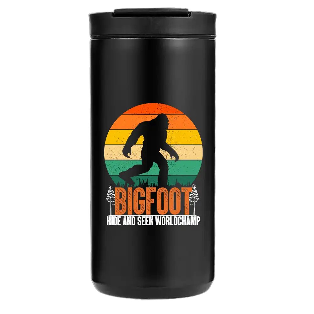 Bigfoot Hide And Seek 14oz Insulated Coffee Tumbler in stainless steel with vibrant UV printed design.