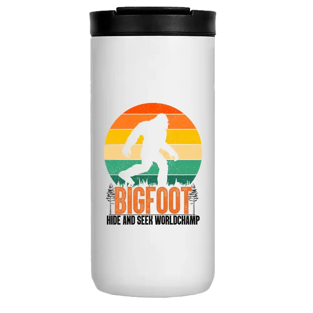 Bigfoot Hide And Seek 14oz Insulated Coffee Tumbler in stainless steel with vibrant UV printed design.