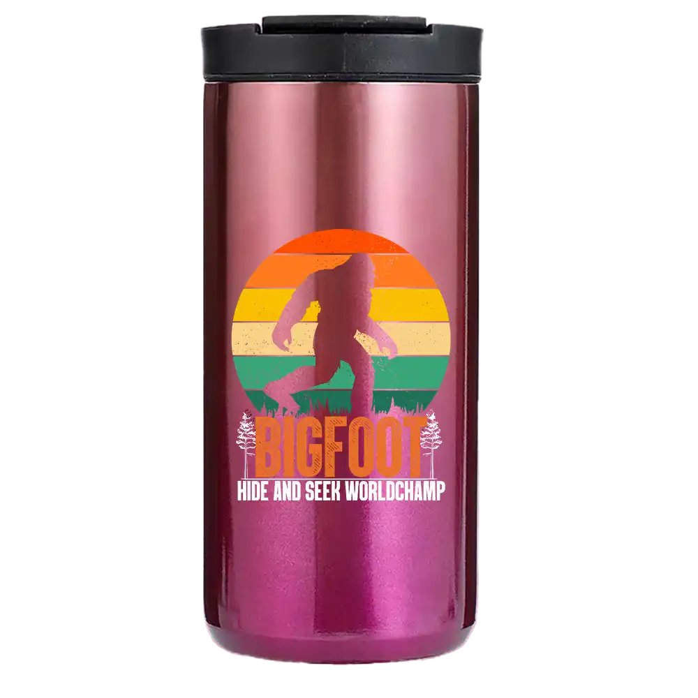 Bigfoot Hide And Seek 14oz Insulated Coffee Tumbler in stainless steel with vibrant UV printed design.