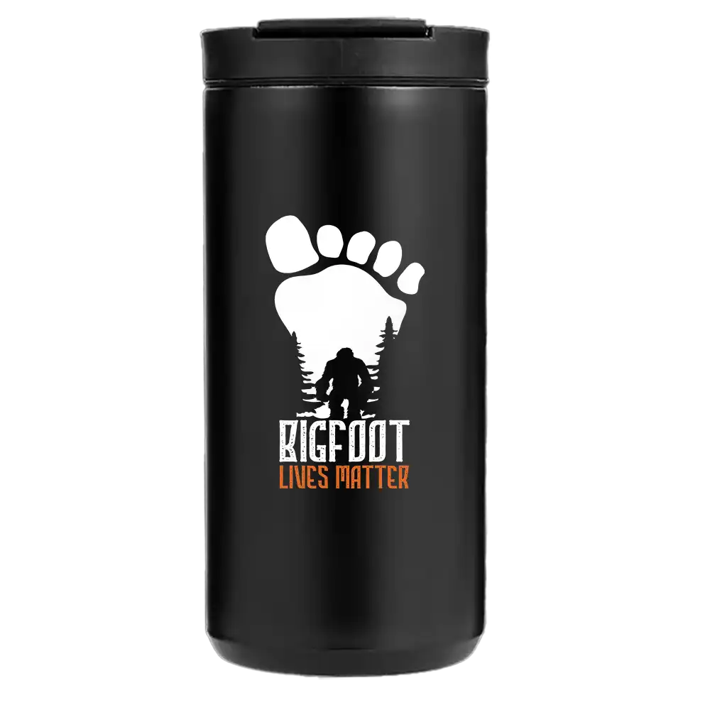 Bigfoot Lives Matter 14oz insulated coffee tumbler with vibrant design and stainless steel finish.