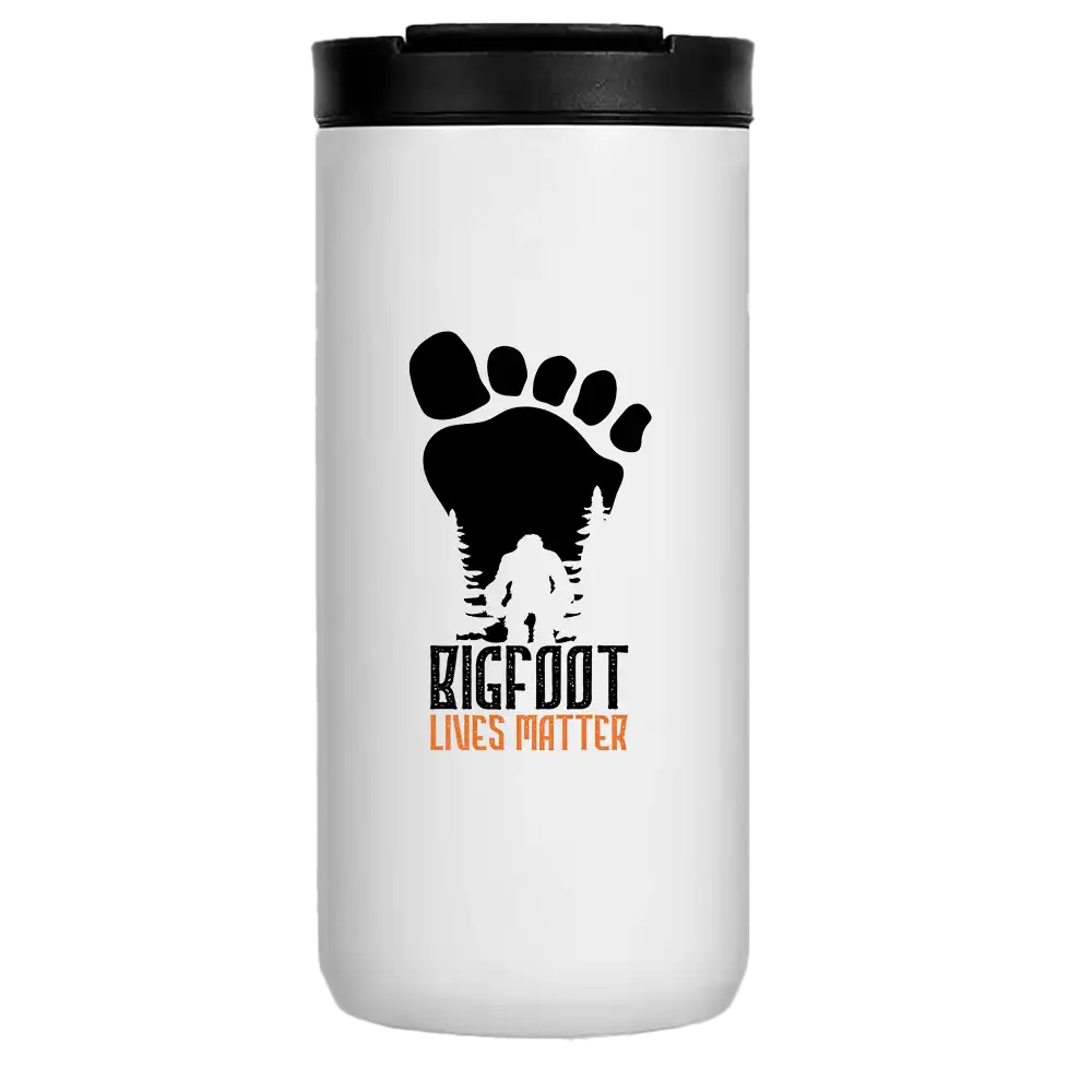 Bigfoot Lives Matter 14oz insulated coffee tumbler with vibrant design and stainless steel finish.