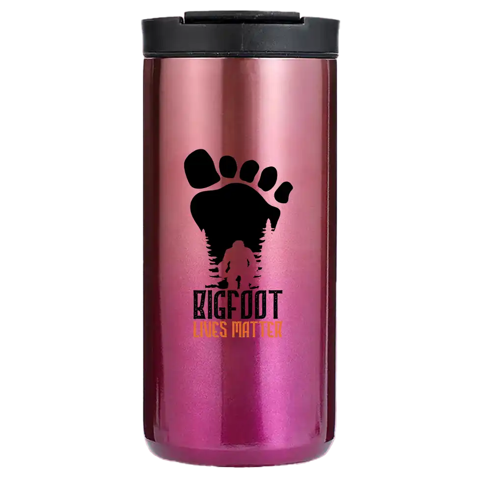 Bigfoot Lives Matter 14oz insulated coffee tumbler with vibrant design and stainless steel finish.