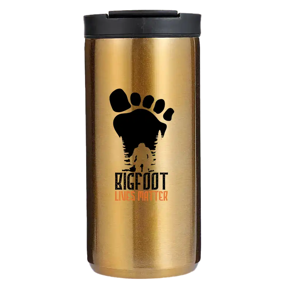 Bigfoot Lives Matter 14oz insulated coffee tumbler with vibrant design and stainless steel finish.