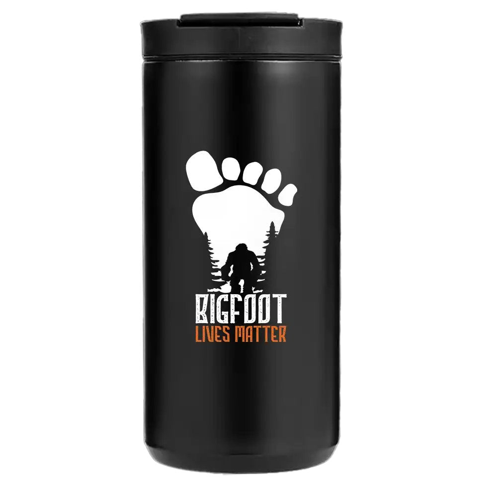 Bigfoot Lives Matter 14oz insulated coffee tumbler with vibrant design and stainless steel finish.