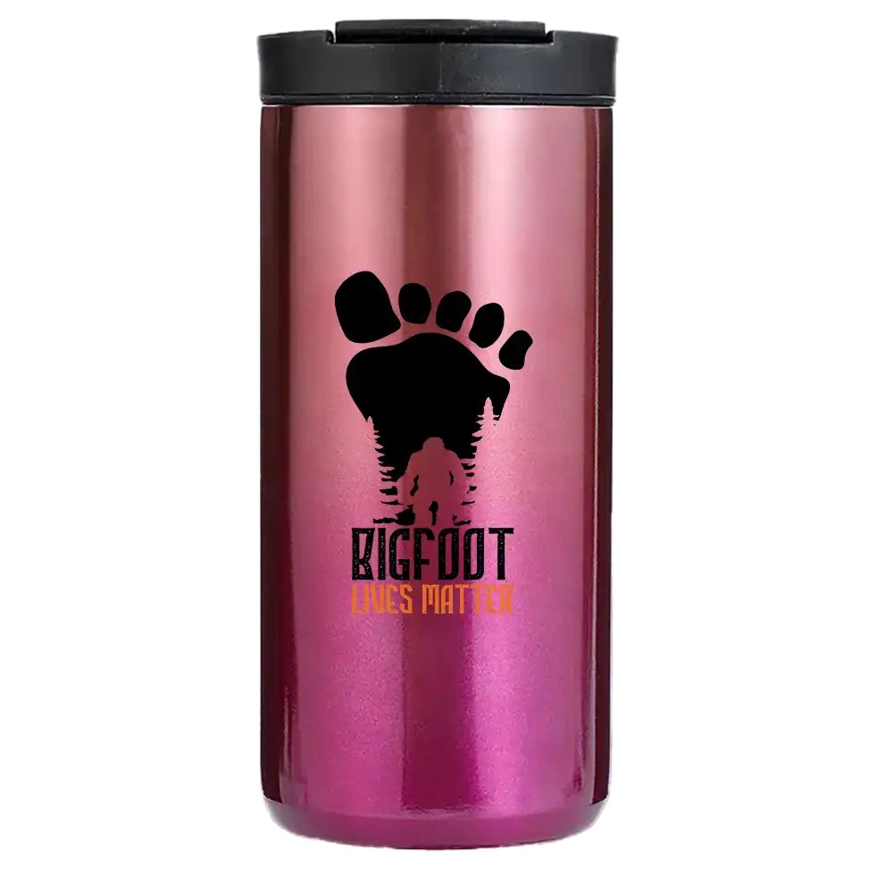 Bigfoot Lives Matter 14oz insulated coffee tumbler with vibrant design and stainless steel finish.