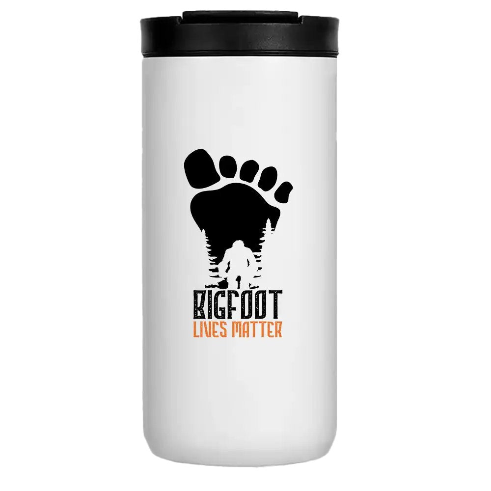 Bigfoot Lives Matter 14oz insulated coffee tumbler with vibrant design and stainless steel finish.