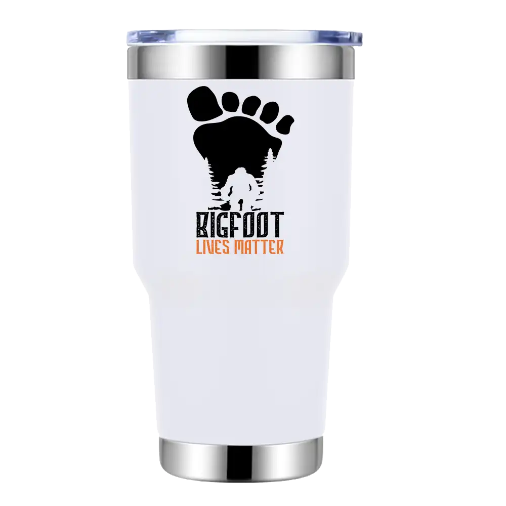 Bigfoot Lives Matter 30oz insulated tumbler with a vibrant design, showcasing its stainless steel construction and splash-proof lid.