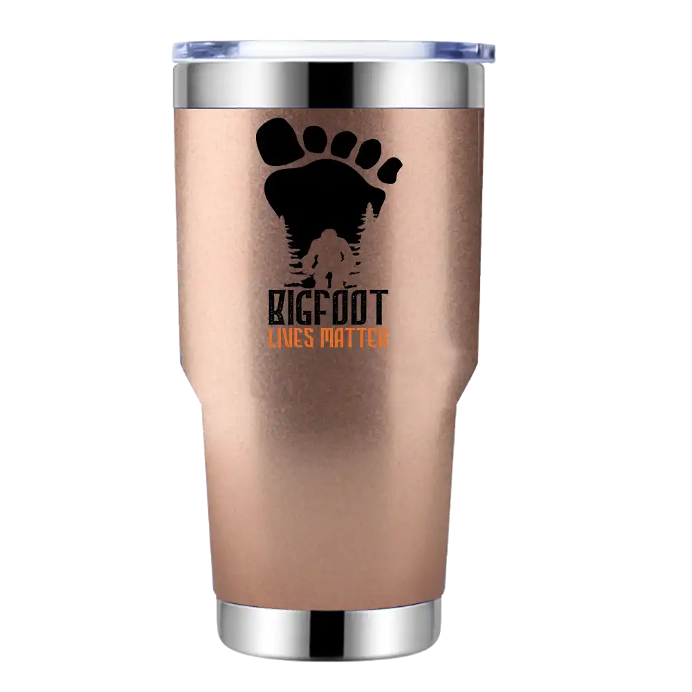 Bigfoot Lives Matter 30oz insulated tumbler with a vibrant design, showcasing its stainless steel construction and splash-proof lid.