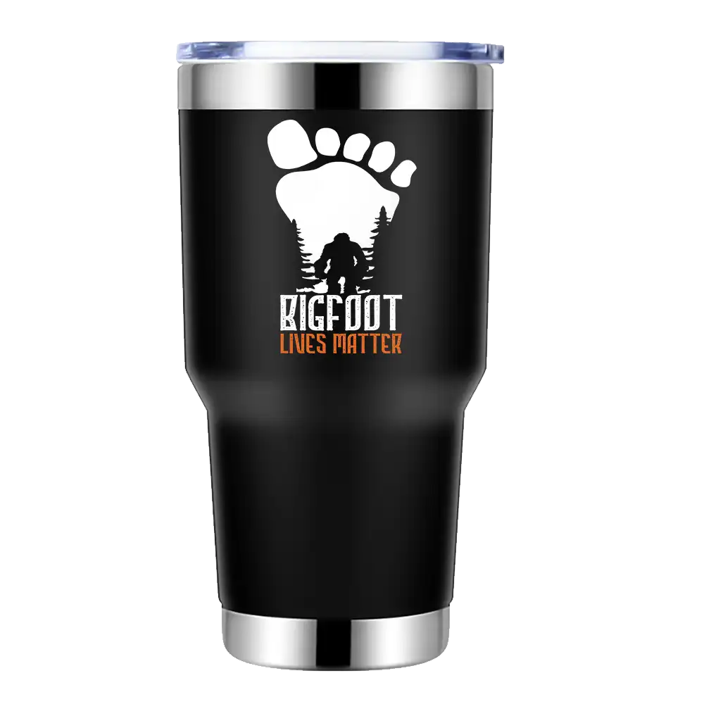 Bigfoot Lives Matter 30oz insulated tumbler with a vibrant design, showcasing its stainless steel construction and splash-proof lid.