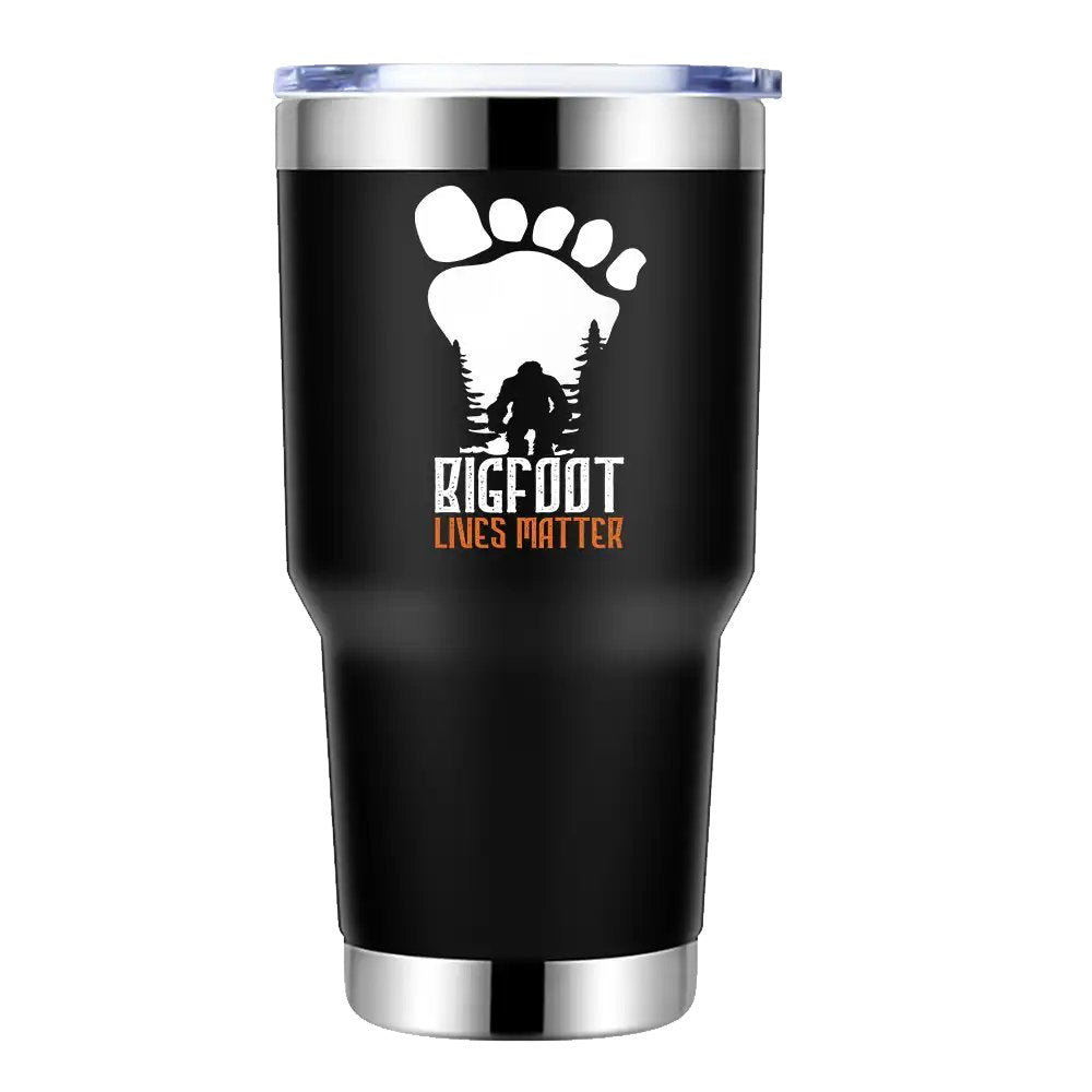 Bigfoot Lives Matter 30oz insulated tumbler with a vibrant design, showcasing its stainless steel construction and splash-proof lid.