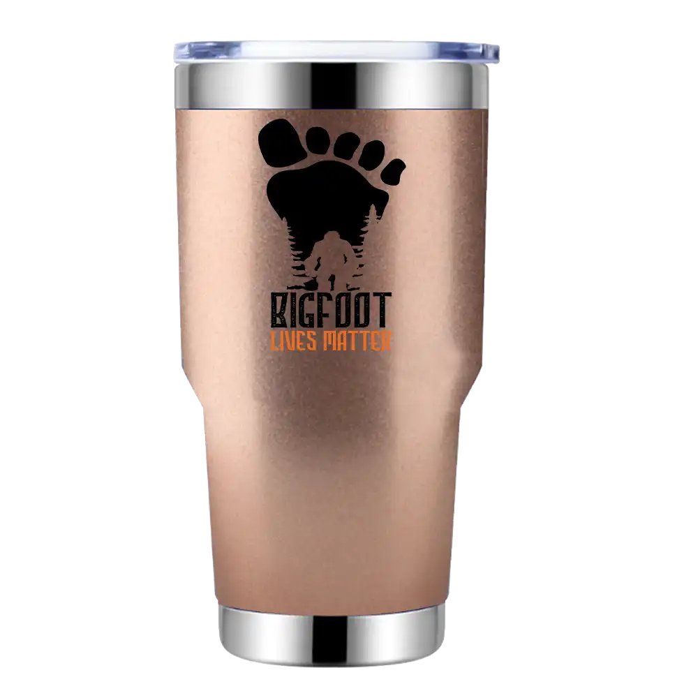 Bigfoot Lives Matter 30oz insulated tumbler with a vibrant design, showcasing its stainless steel construction and splash-proof lid.