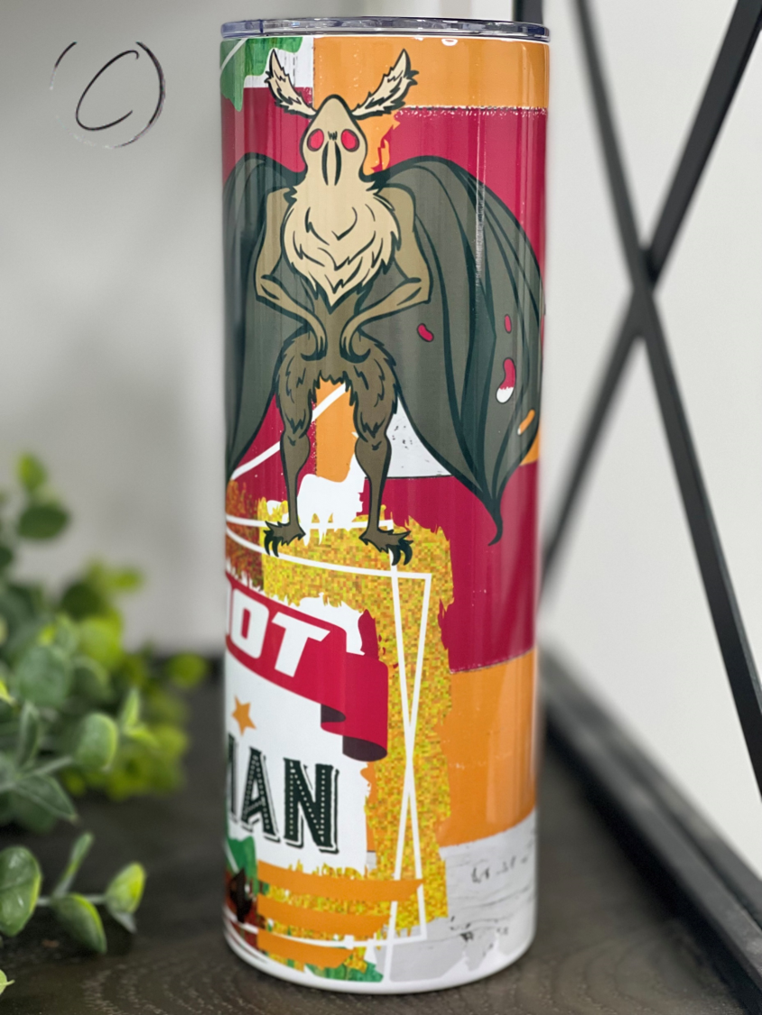 Bigfoot & Mothman 2024 20oz Skinny Tumbler with a vibrant full wrap design featuring cryptid illustrations.