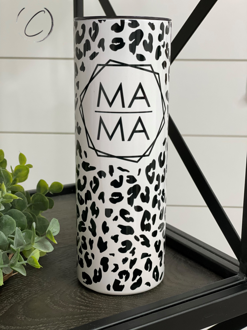 Black Leopard Mama 20oz UV Pink Skinny Tumbler showcasing a vibrant leopard print design that changes color in sunlight.