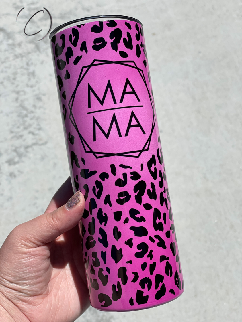 Black Leopard Mama 20oz UV Pink Skinny Tumbler showcasing a vibrant leopard print design that changes color in sunlight.