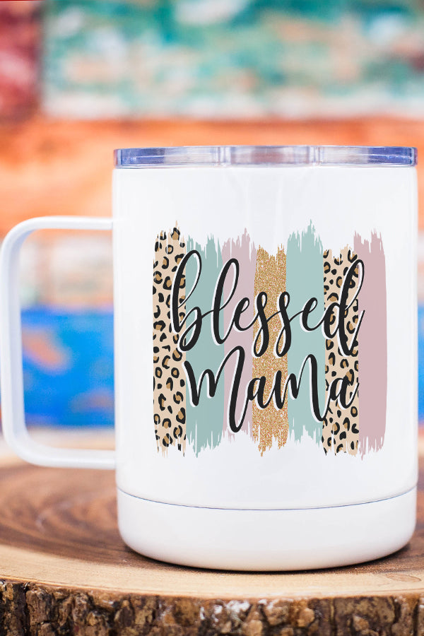 Blessed Mama Leopard Brush Strokes Stainless Steel Coffee Travel Cup with vibrant design and lid.