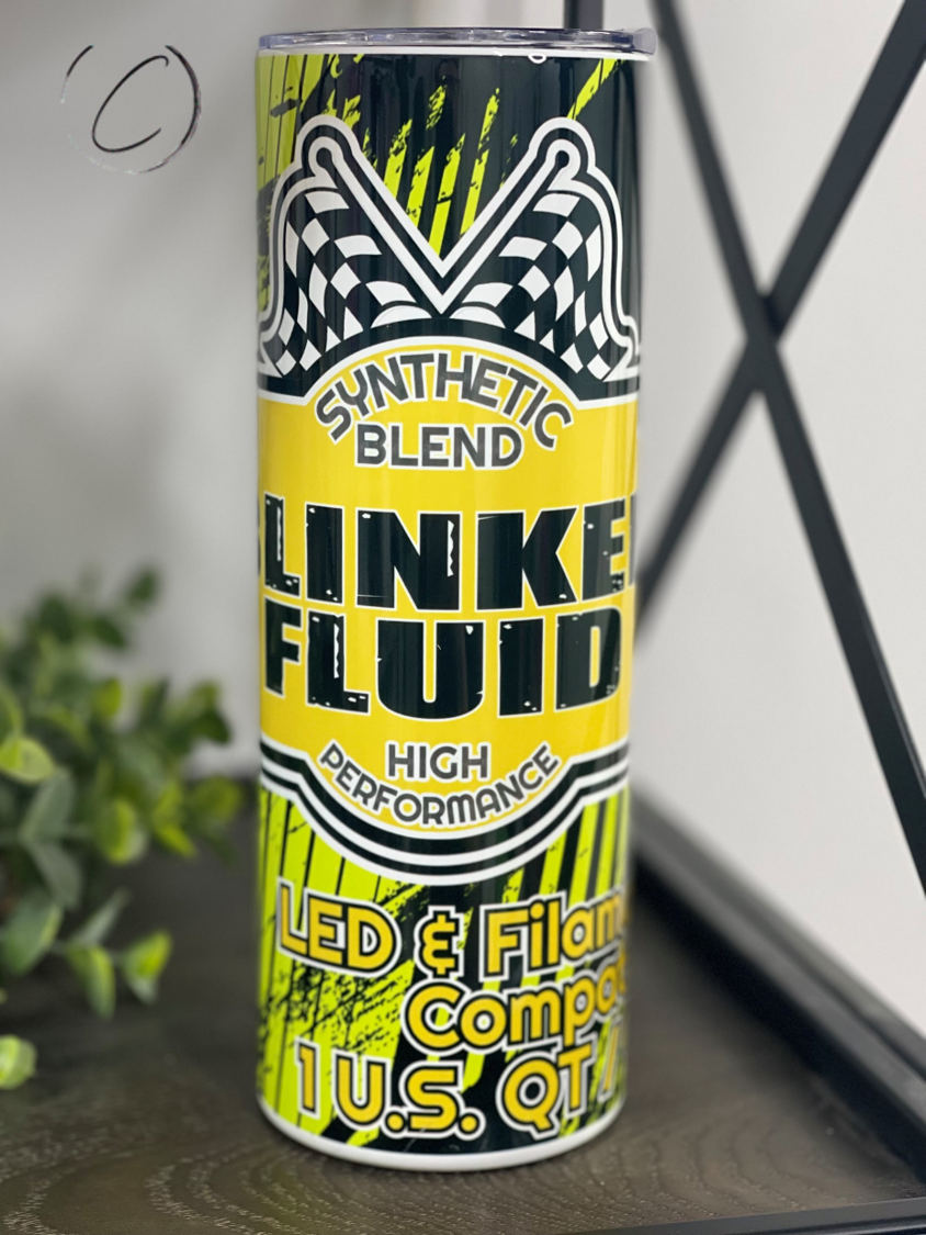 Blinker Fluid 20oz Skinny Tumbler with a unique full wrap design, featuring a reusable straw and insulated body.