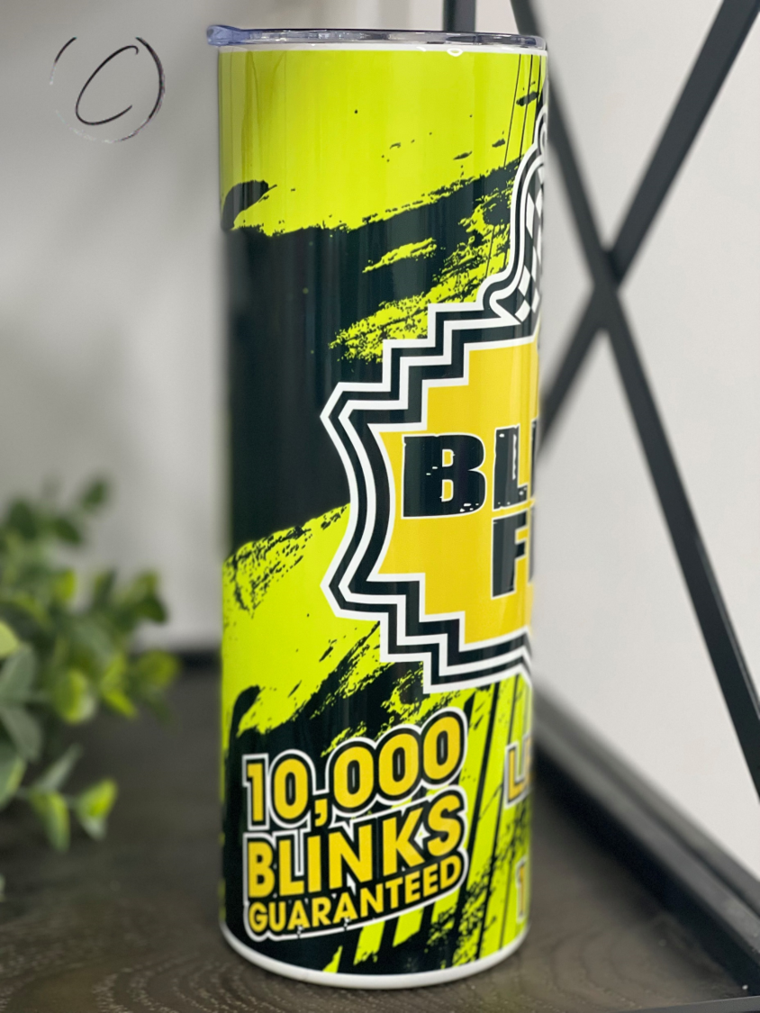 Blinker Fluid 20oz Skinny Tumbler with a unique full wrap design, featuring a reusable straw and insulated body.