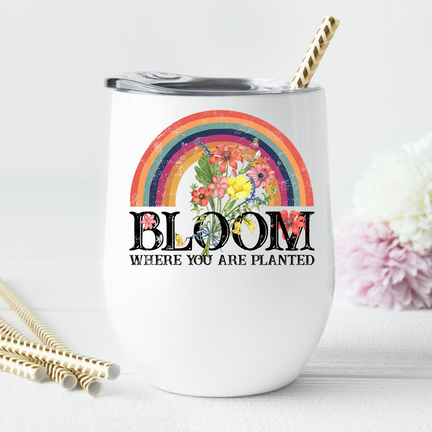 Bloom Where You Are Planted Wine Tumbler with a stylish design and insulated stainless-steel exterior, featuring a secure lid.