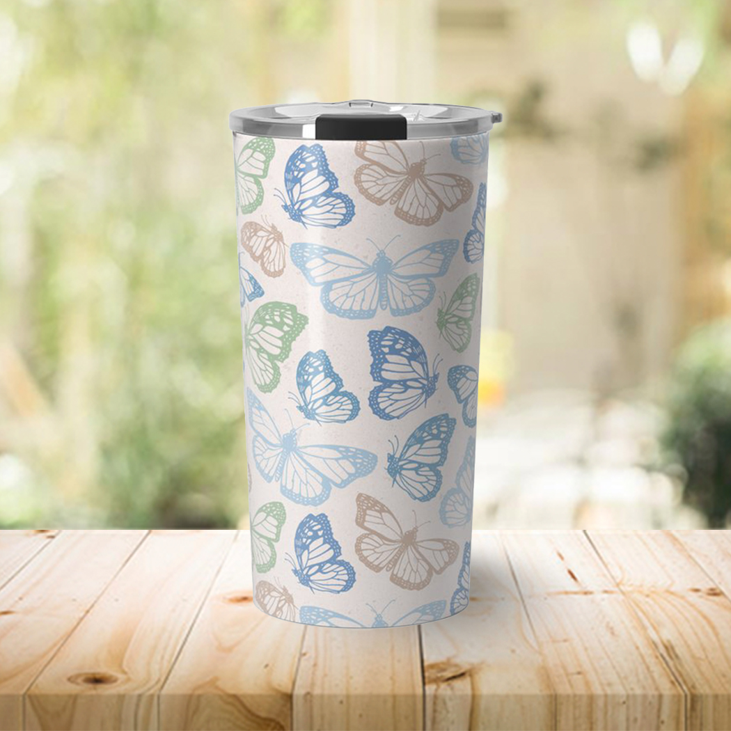 Blue Butterfly Travel Coffee Mug featuring a stunning blue butterfly design, made of lightweight stainless steel with a vacuum-sealed lid.